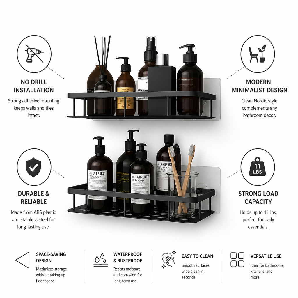 Drill-Free Self-Adhesive Stainless Steel Bathroom Shelf