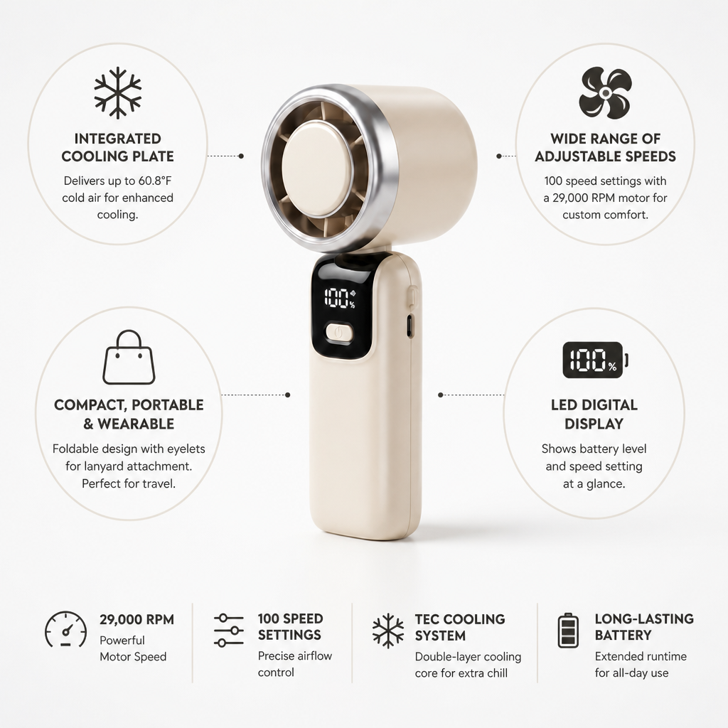Integrated Cooling Plate & Adjustable-Speed Handheld Fan (Foldable)