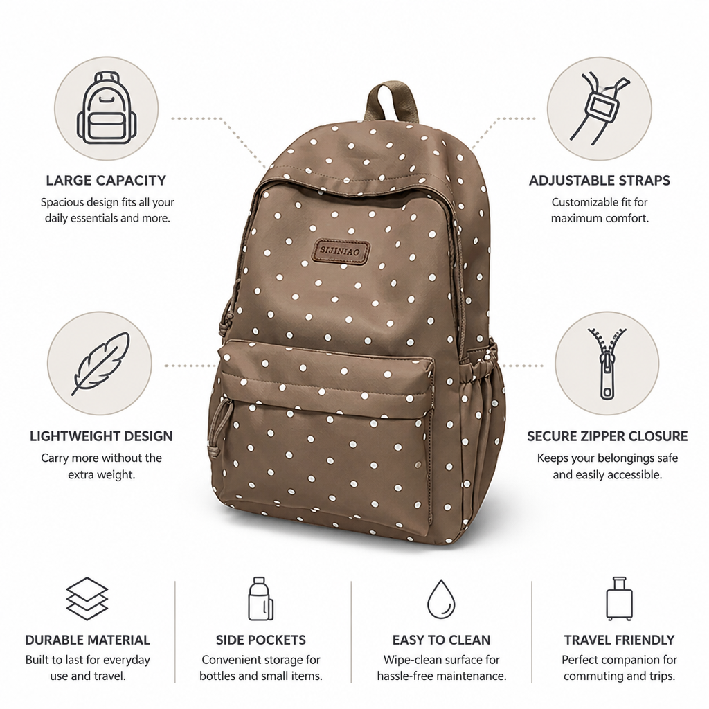 Lightweight Large-Capacity Polka Dot Backpack