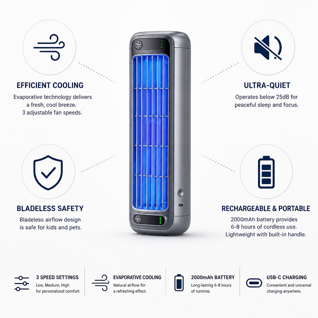 Ultra-Quiet Rechargeable Bladeless Air Cooler