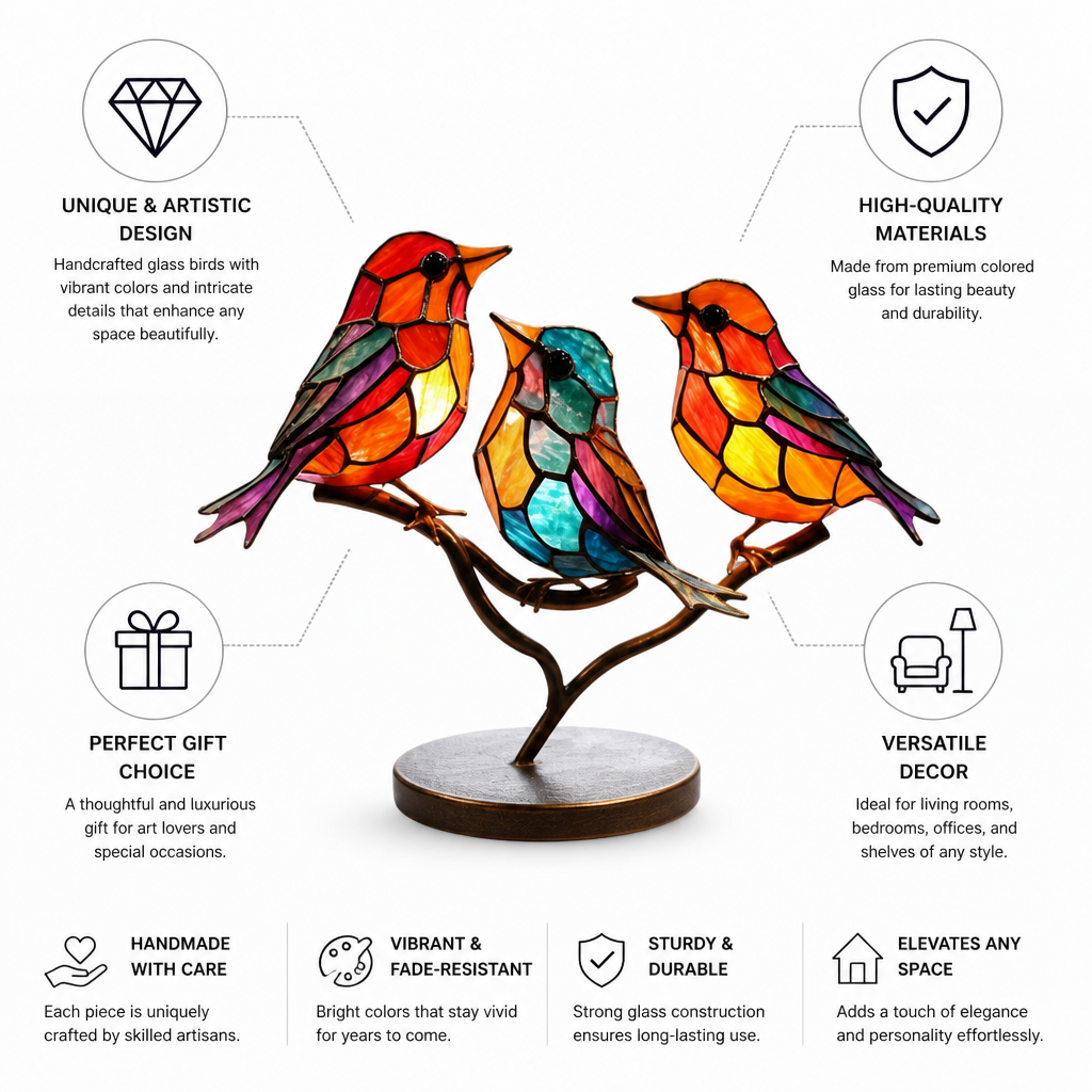 Handmade Colored Glass Bird Figurines (Set of 3 With Display Stand)