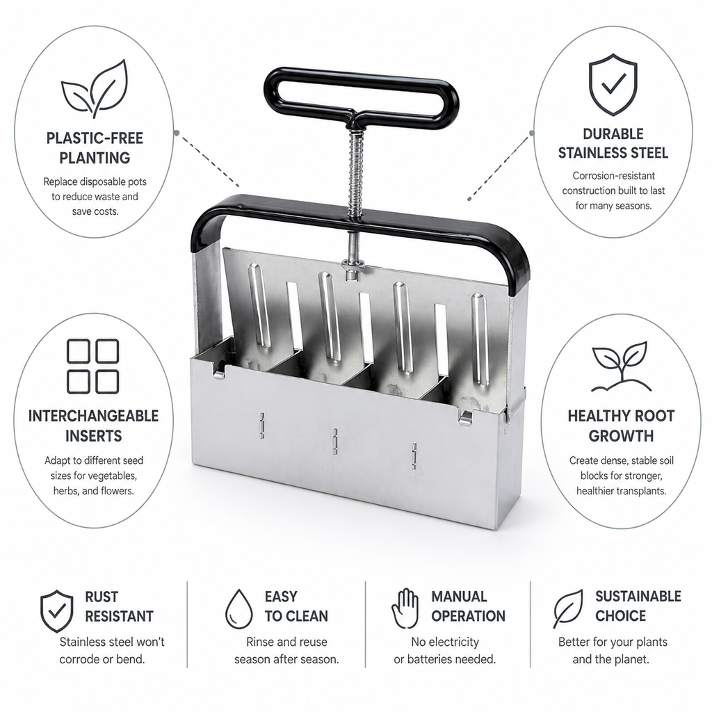 Plastic-Free Stainless Steel Soil Block Press (Interchangeable Inserts)