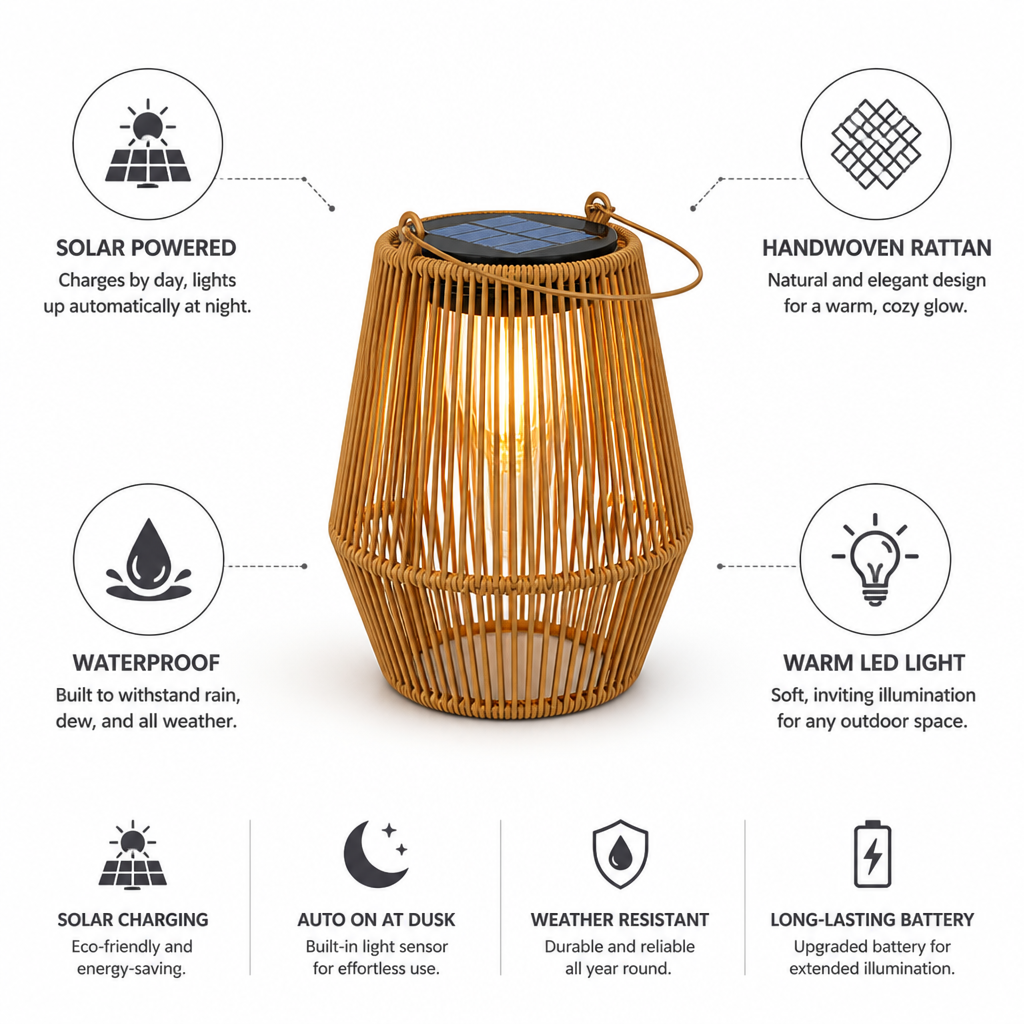 Handwoven Rattan Solar-Powered Garden Lantern