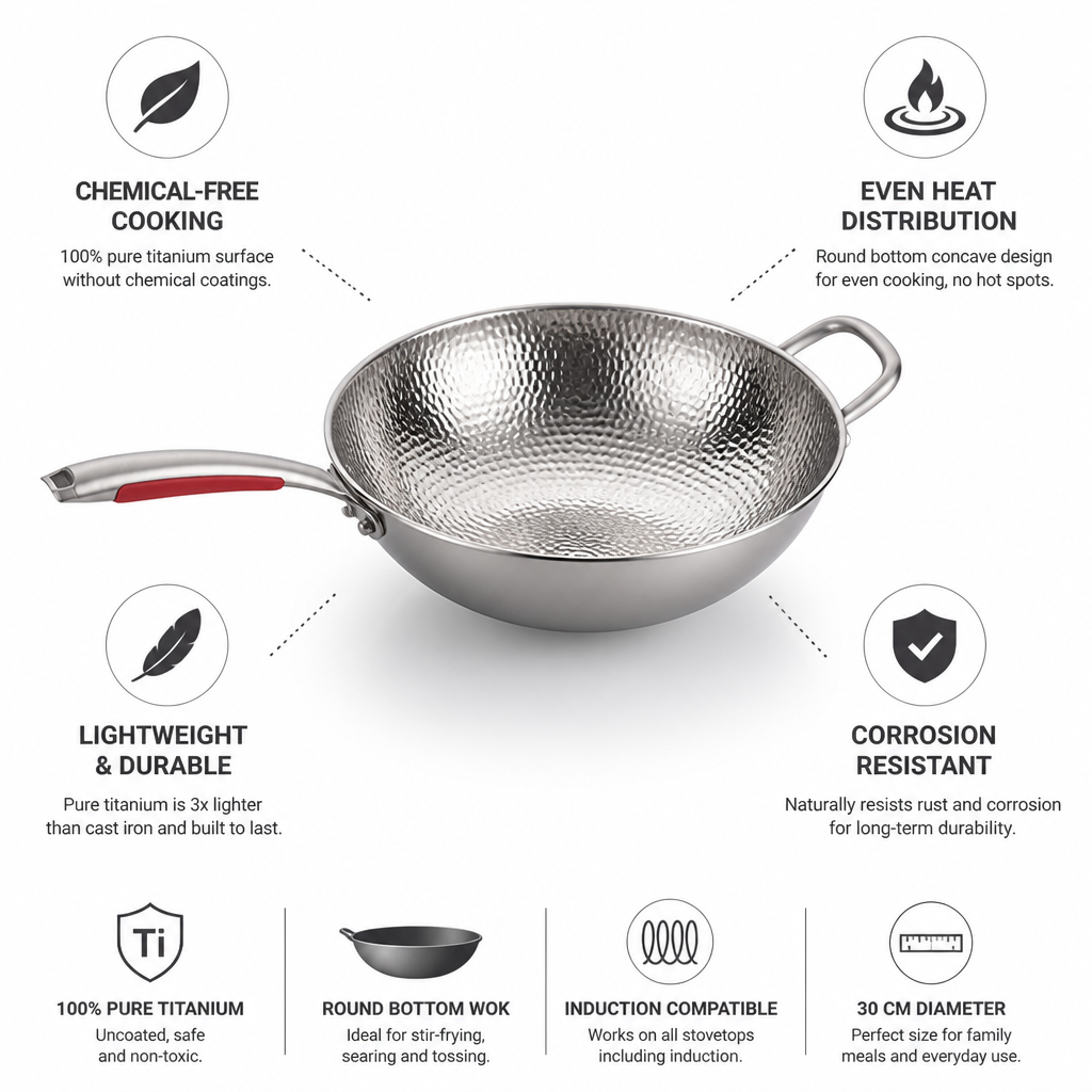 Pure Titanium Uncoated Non-Stick Round-Bottom Wok (30 cm)