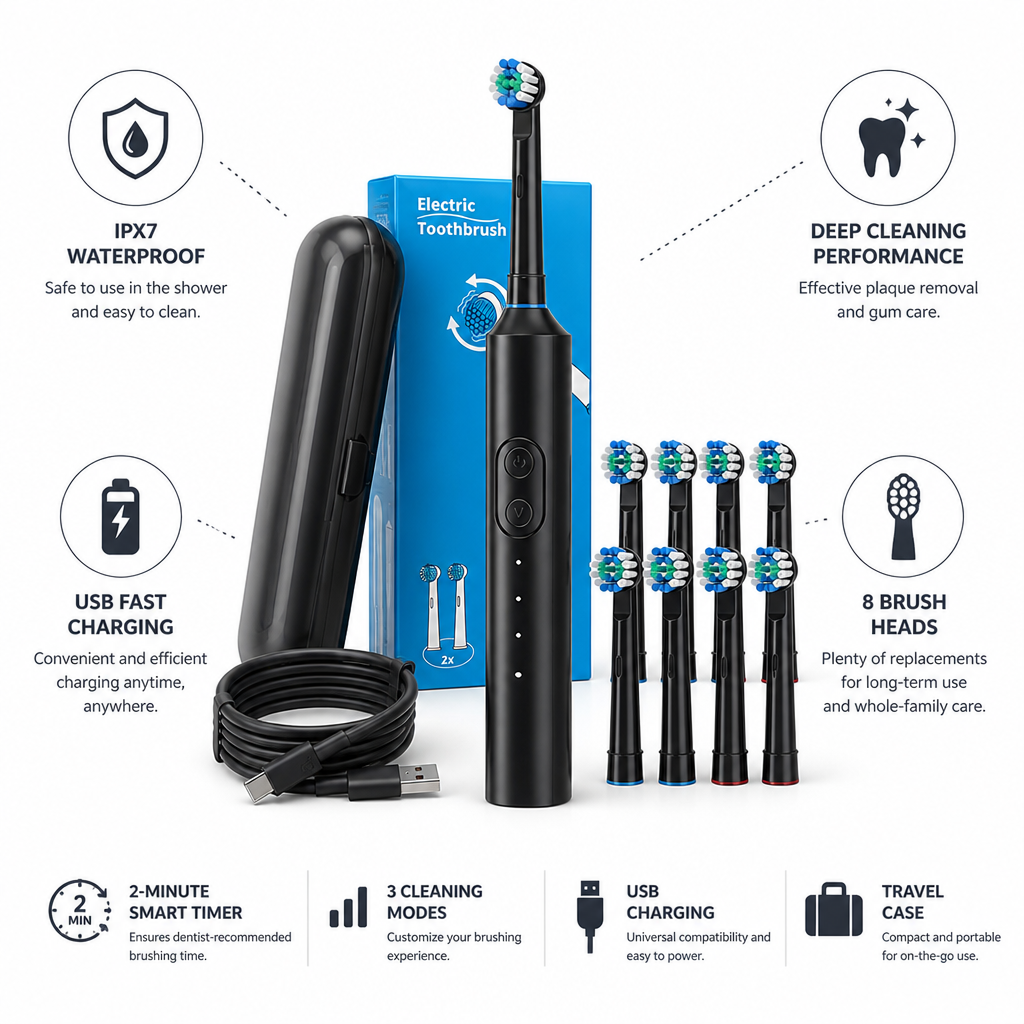 IPX7 Waterproof USB Fast-Charging Electric Toothbrush (8 Brush Heads)