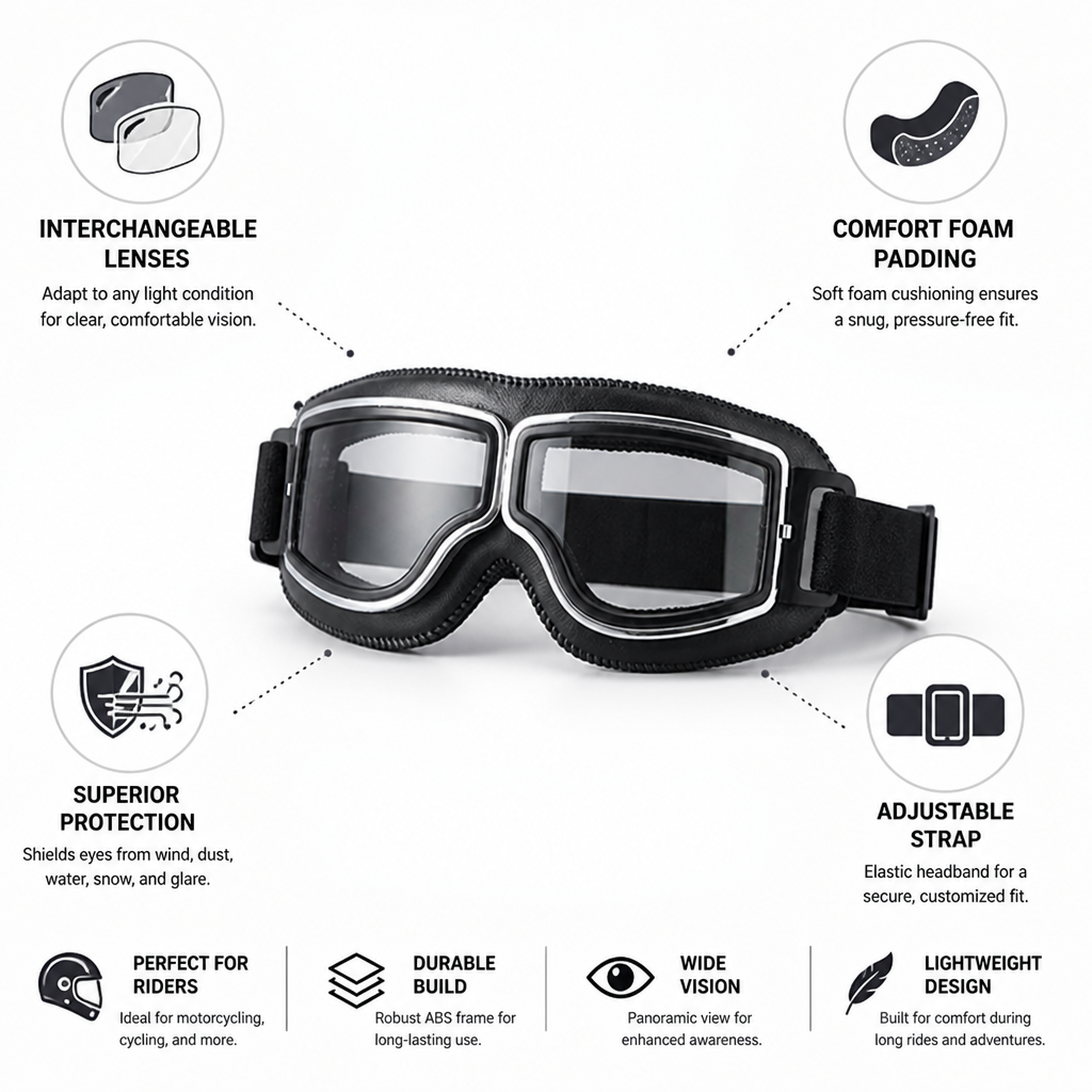 Interchangeable Lenses & Comfort-Padded Motorcycle Goggles