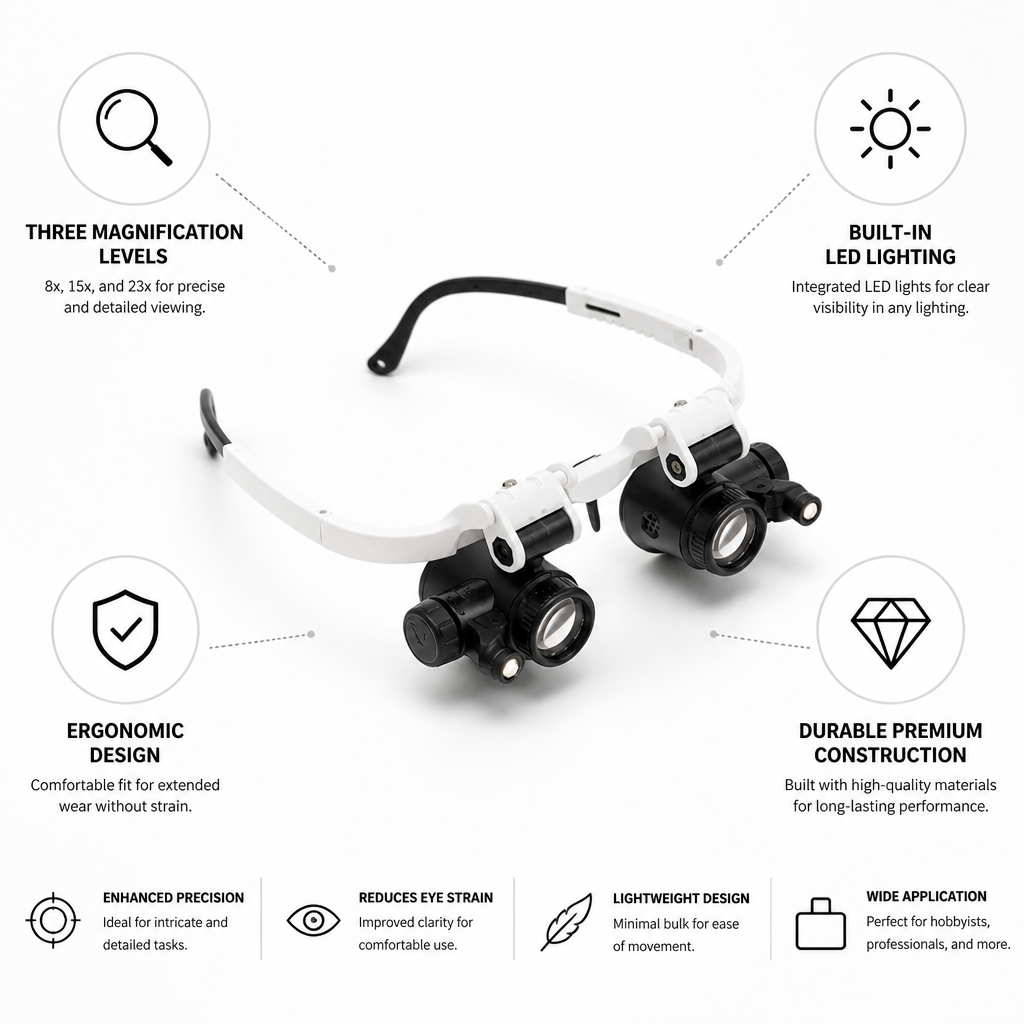 Built-In LED Hands-Free Magnifying Glasses (8x, 15x, 23x)
