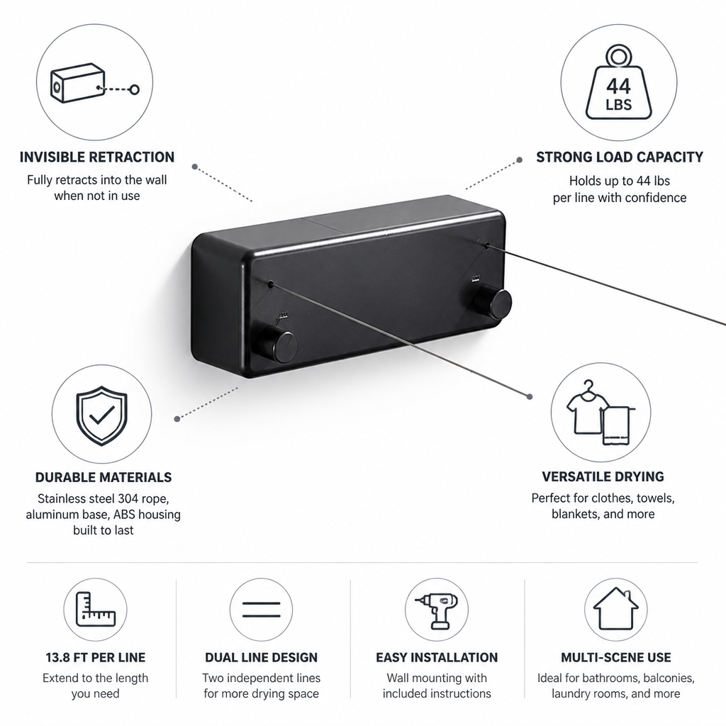 Invisible Retractable Stainless Steel Clothesline (Dual Line)