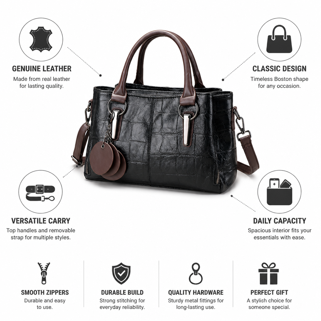Genuine Leather Embossed Boston Handbag (Removable Strap)