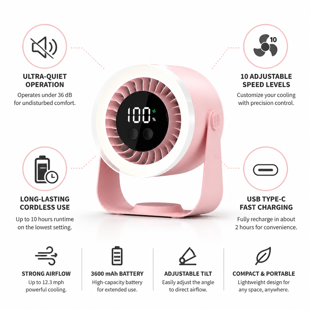 Whisper-Quiet 10-Speed USB-C Rechargeable Table Fan