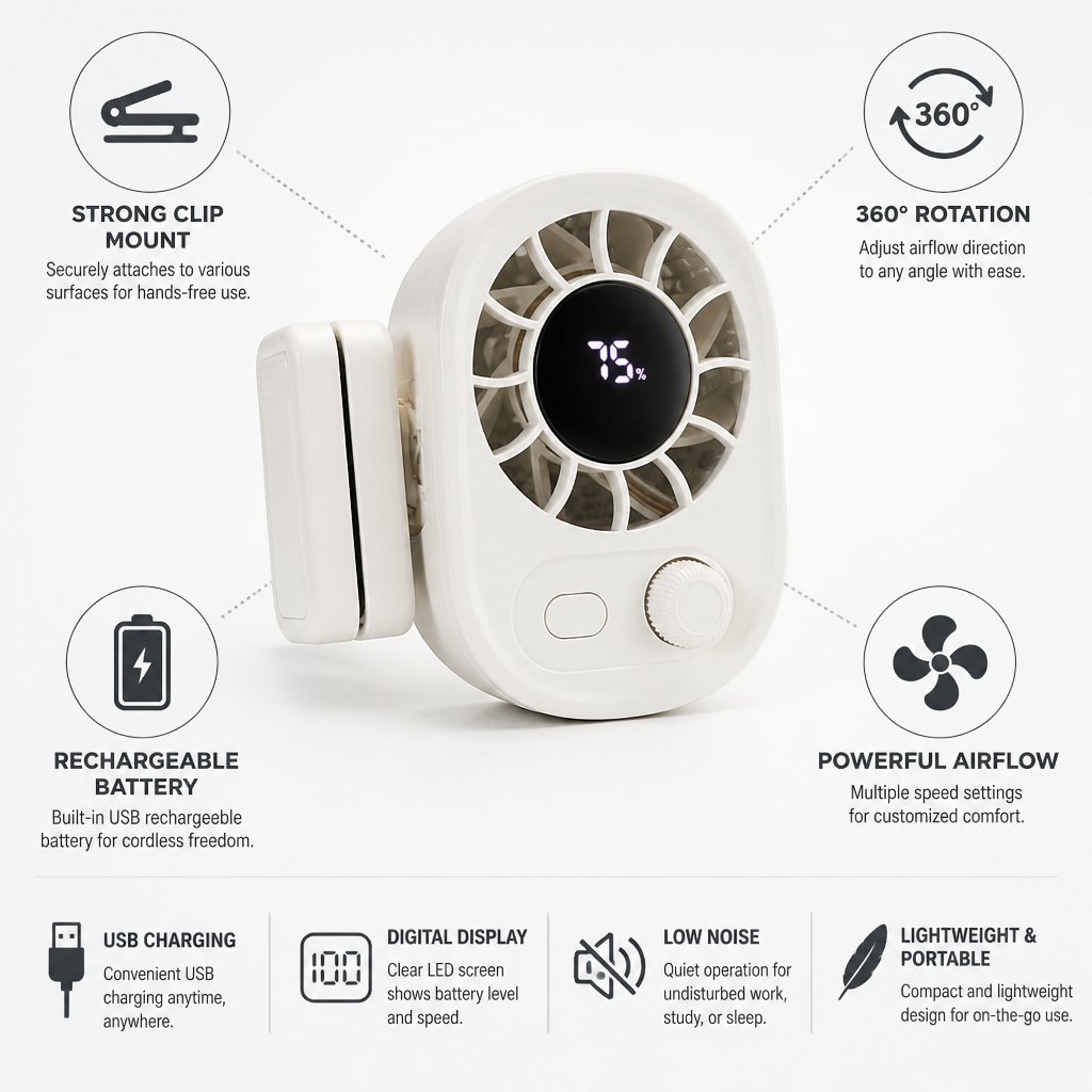 360° Rotating USB-Rechargeable Clip-On Fan