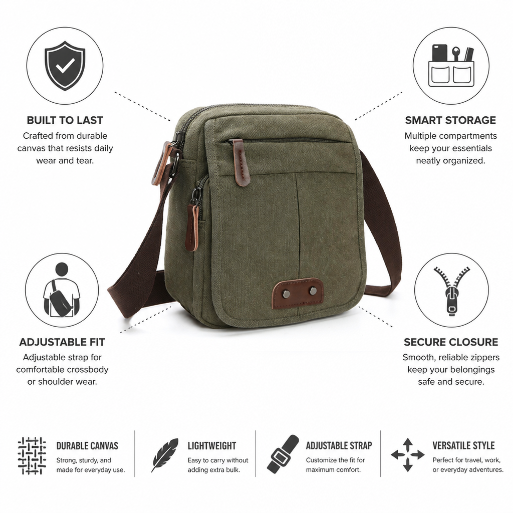 Durable Canvas Multi-Compartment Crossbody Bag