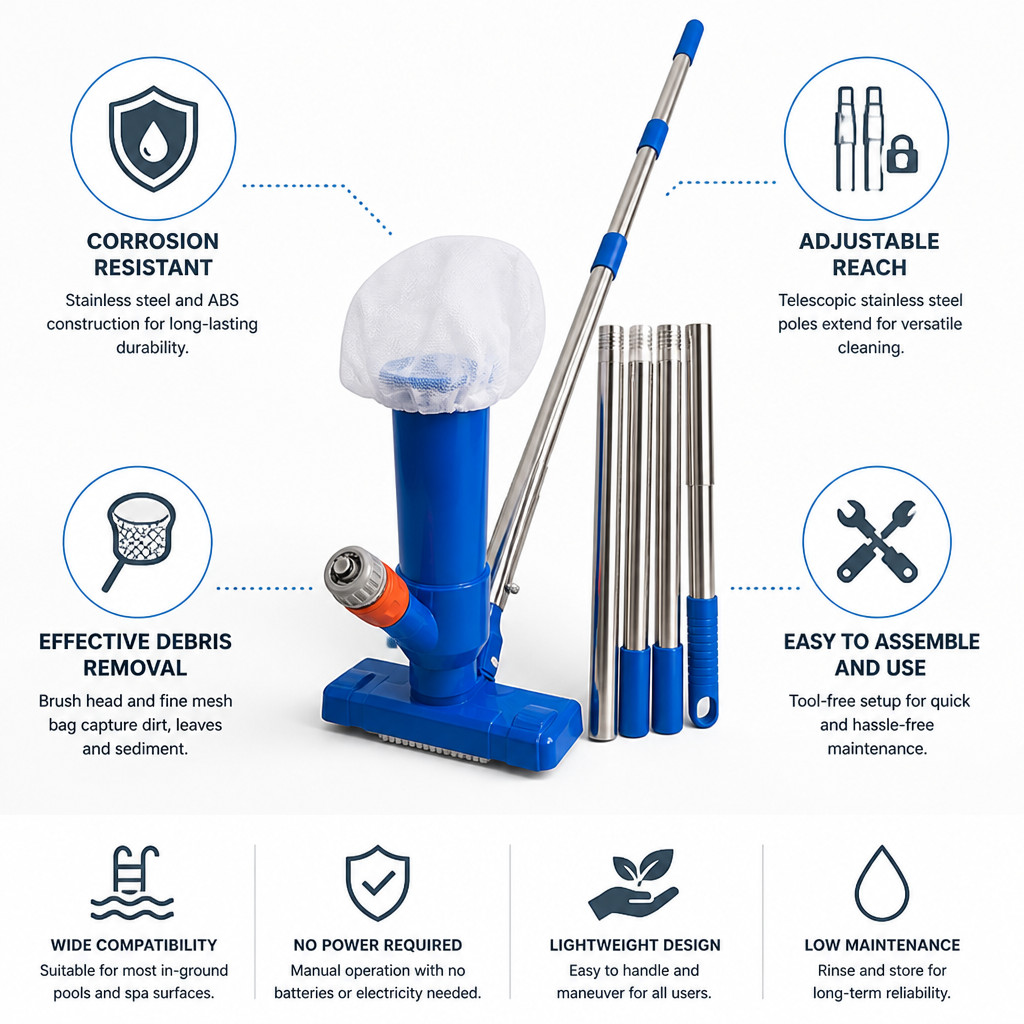 Corrosion-Resistant Telescopic Stainless Steel Pool Vacuum Kit