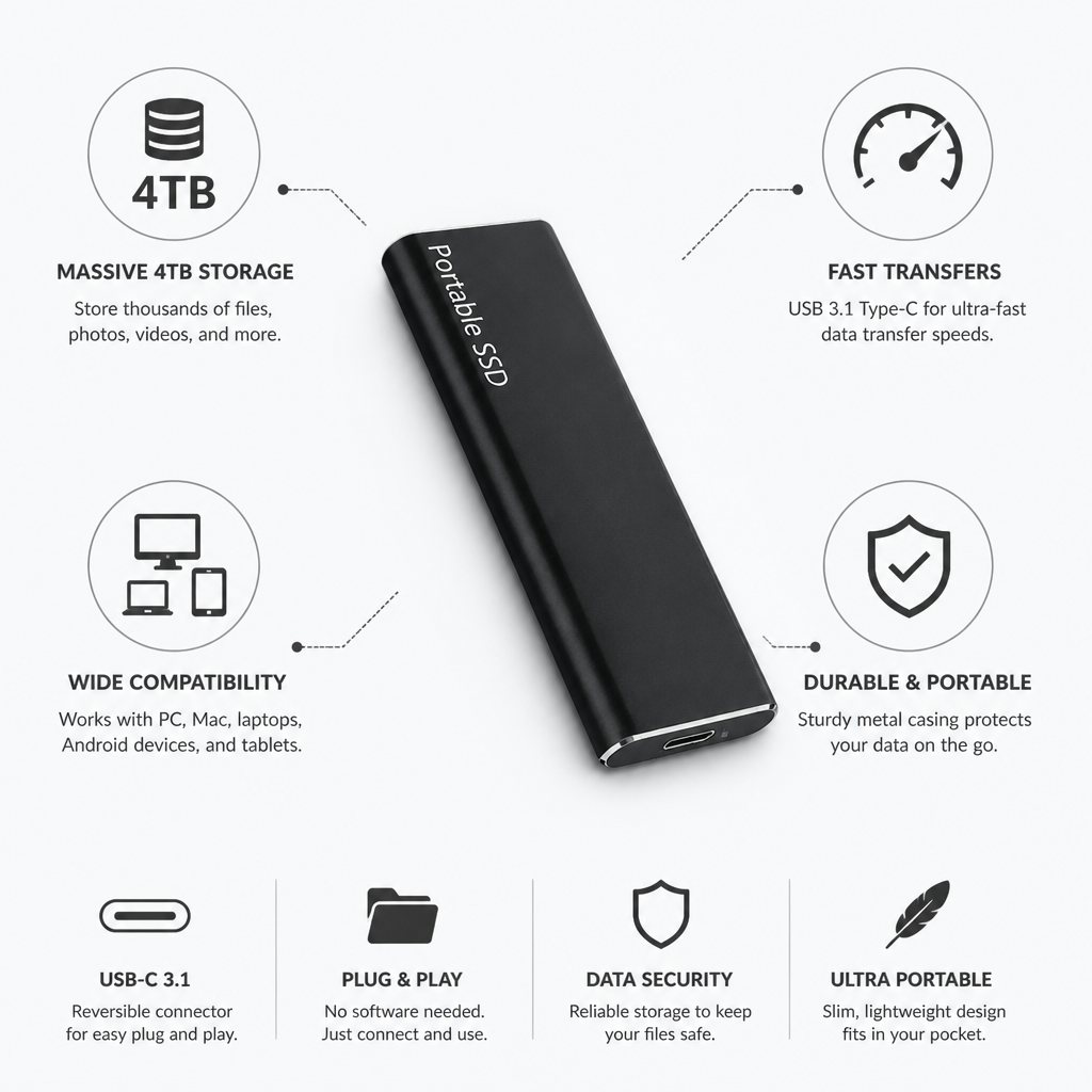 4TB USB-C Portable External Hard Drive (PC & Mac Compatible)