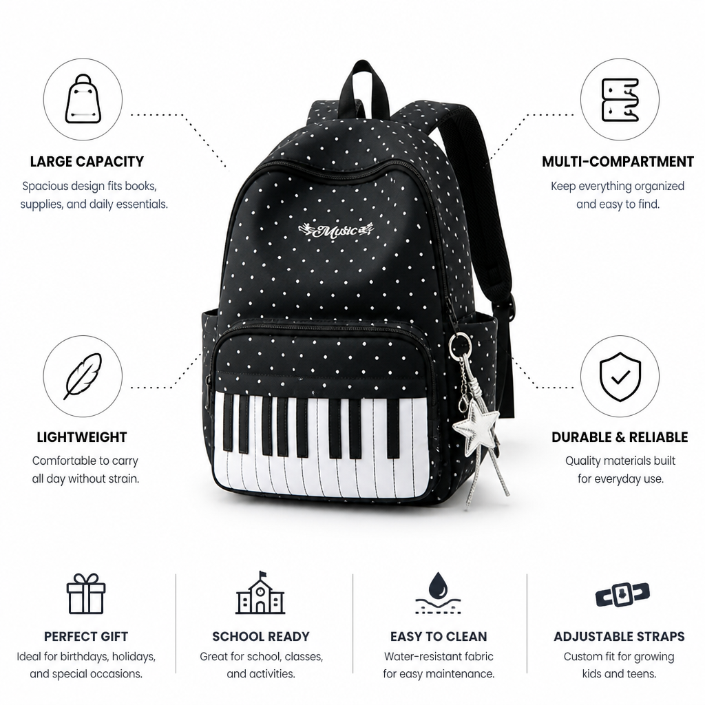 Large Capacity Multi-Compartment Kids Piano Polka-Dot Backpack