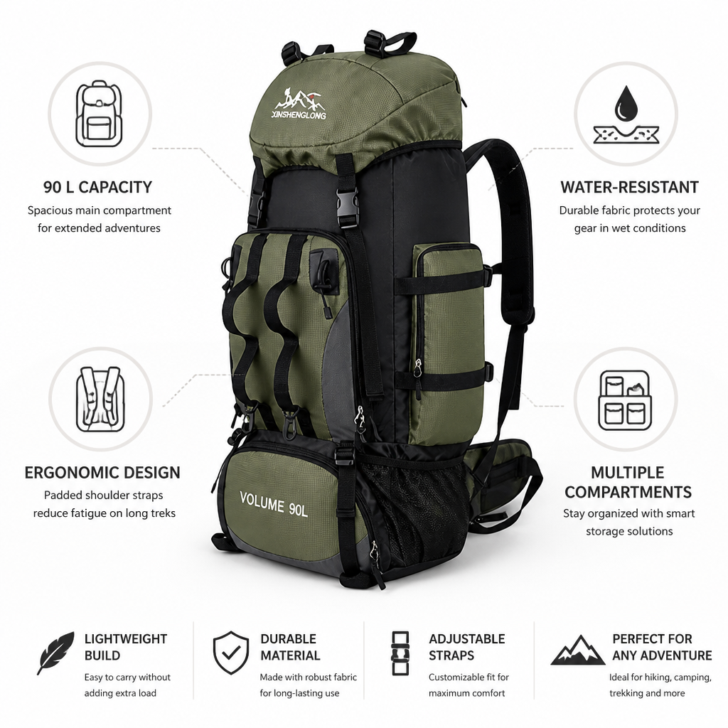 90L Water-Resistant Hiking Backpack (Ergonomic Straps)