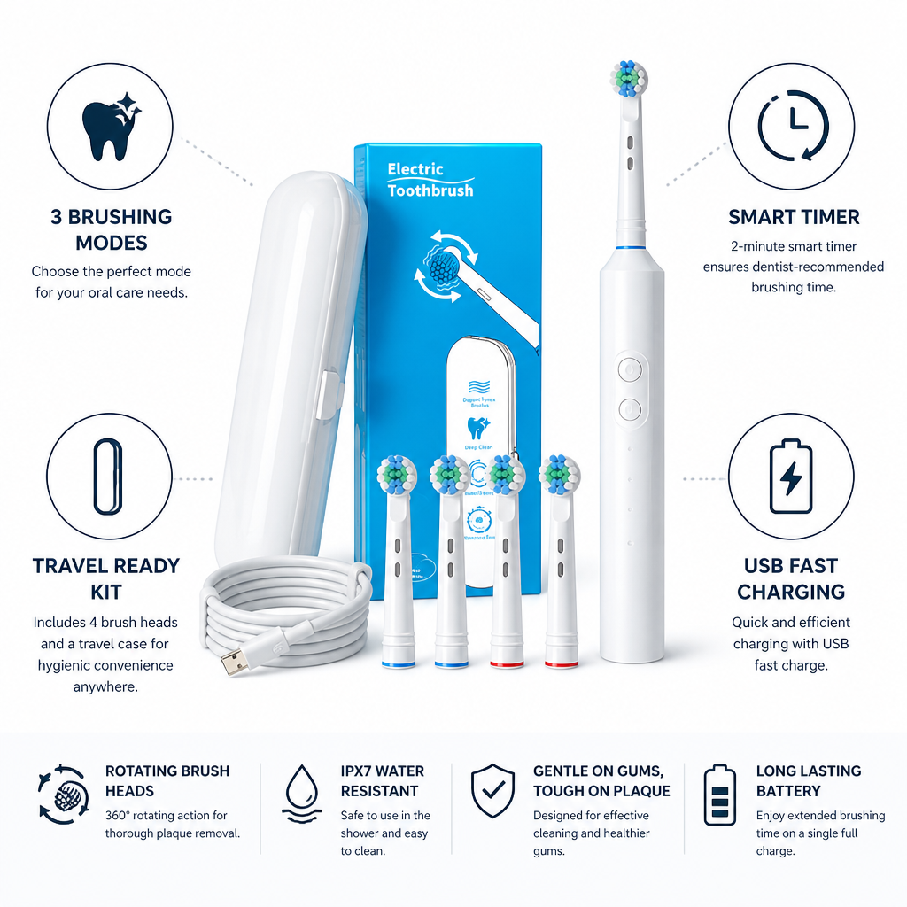 Rotating Brush Heads & USB-Rechargeable Electric Toothbrush (Set of 4)