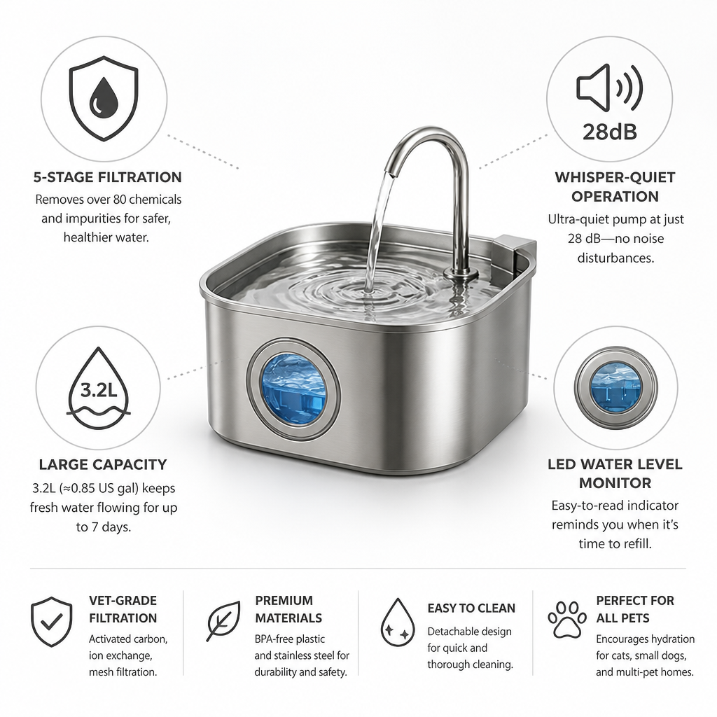 Whisper-Quiet 5-Stage Filtration Pet Water Fountain (3.2L)