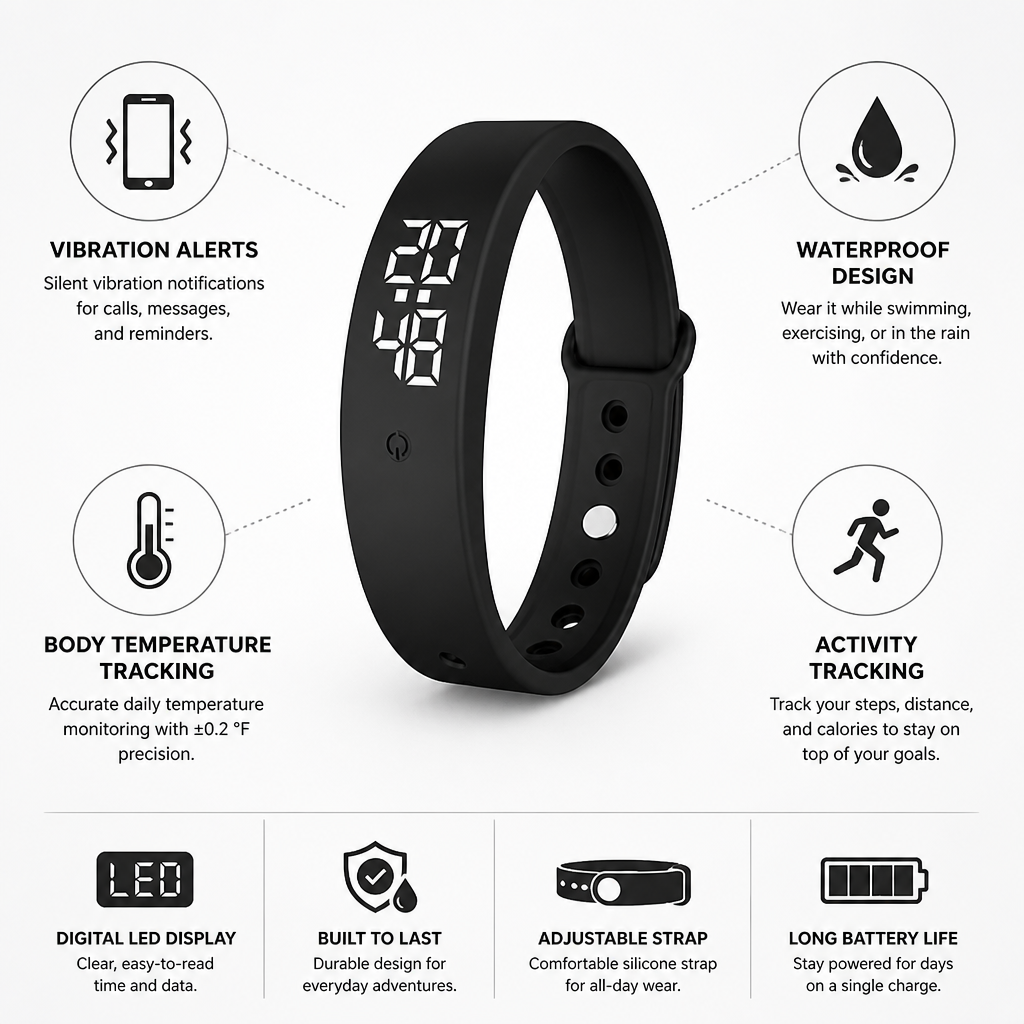 Waterproof Vibration & Temperature Tracking Smartwatch