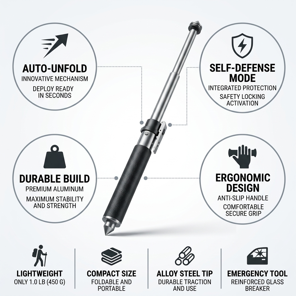 Auto-Unfold Aluminum Self-Defense Trekking Pole
