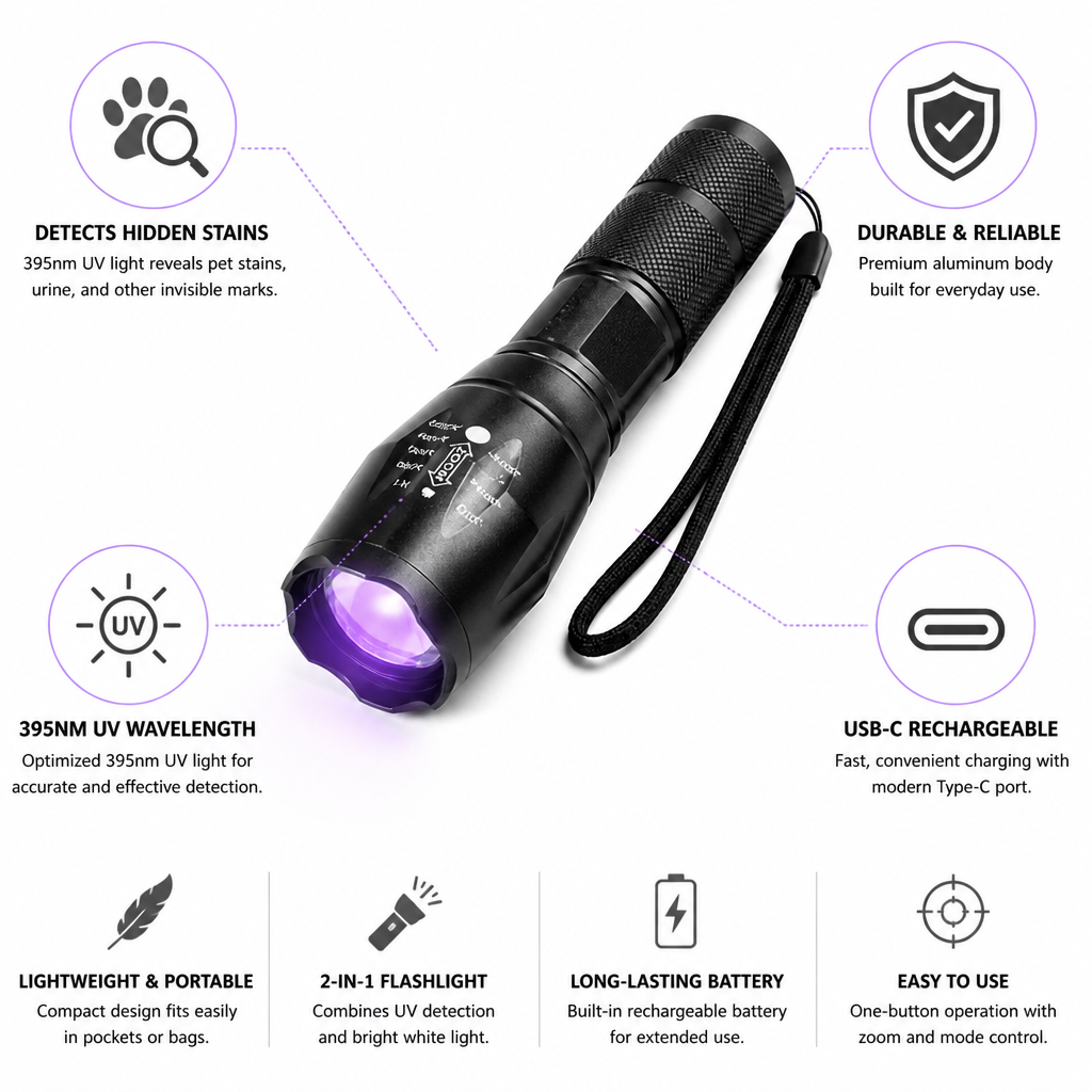 395nm UV USB-C Rechargeable Blacklight Flashlight