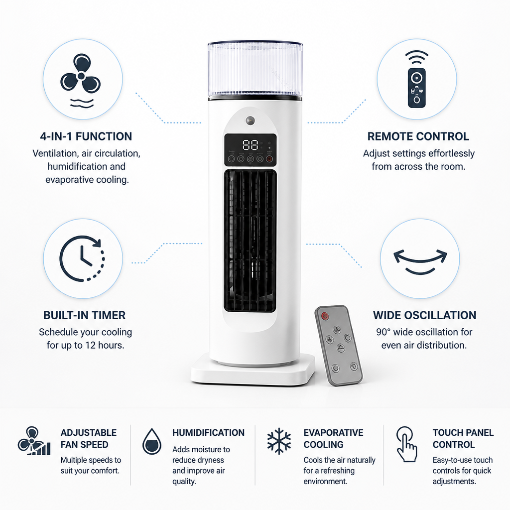 Portable 4-in-1 Remote-Control & Timer Room Cooler