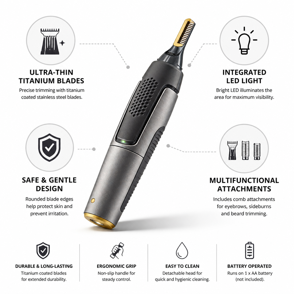 Ultra-Thin Titanium-Coated Blades & LED Nose & Ear Trimmer