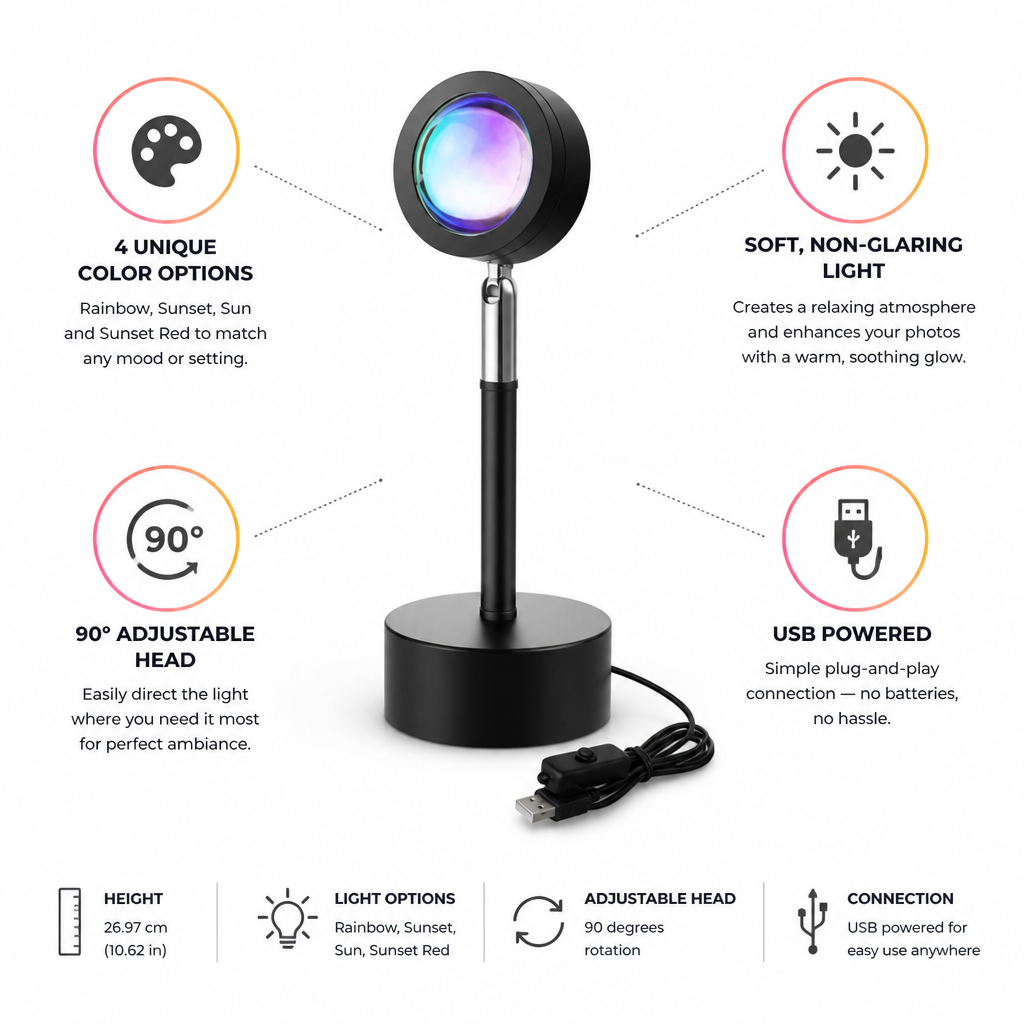 Multi-Color 90° Adjustable USB-Powered Sunset Lamp