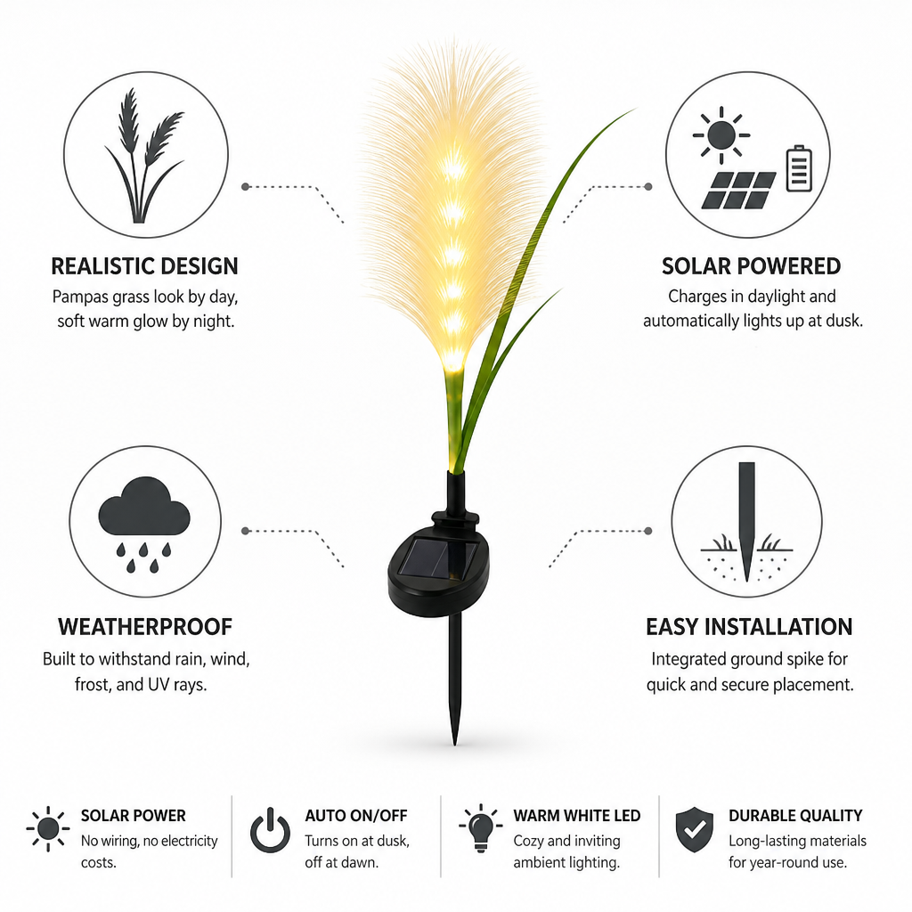 Weatherproof Solar Pampas Grass Stake Light (Warm White LED)