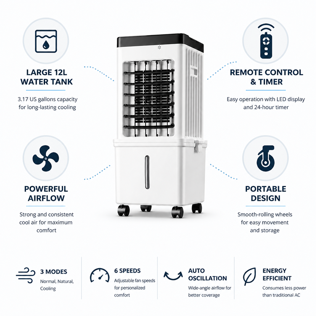 12L Tank Remote & Timer Portable Evaporative Cooler