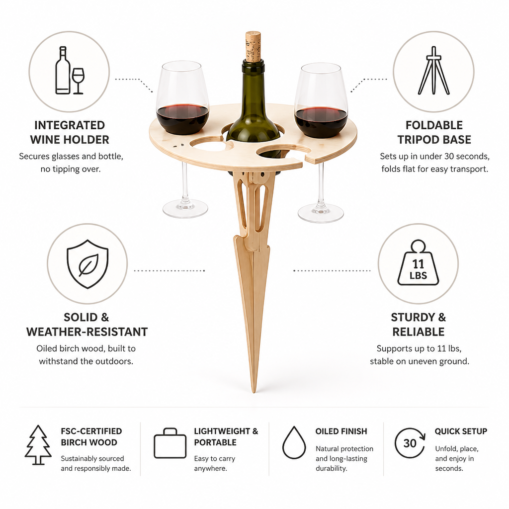 Foldable Birch Wood Picnic Table With Integrated Wine Holder