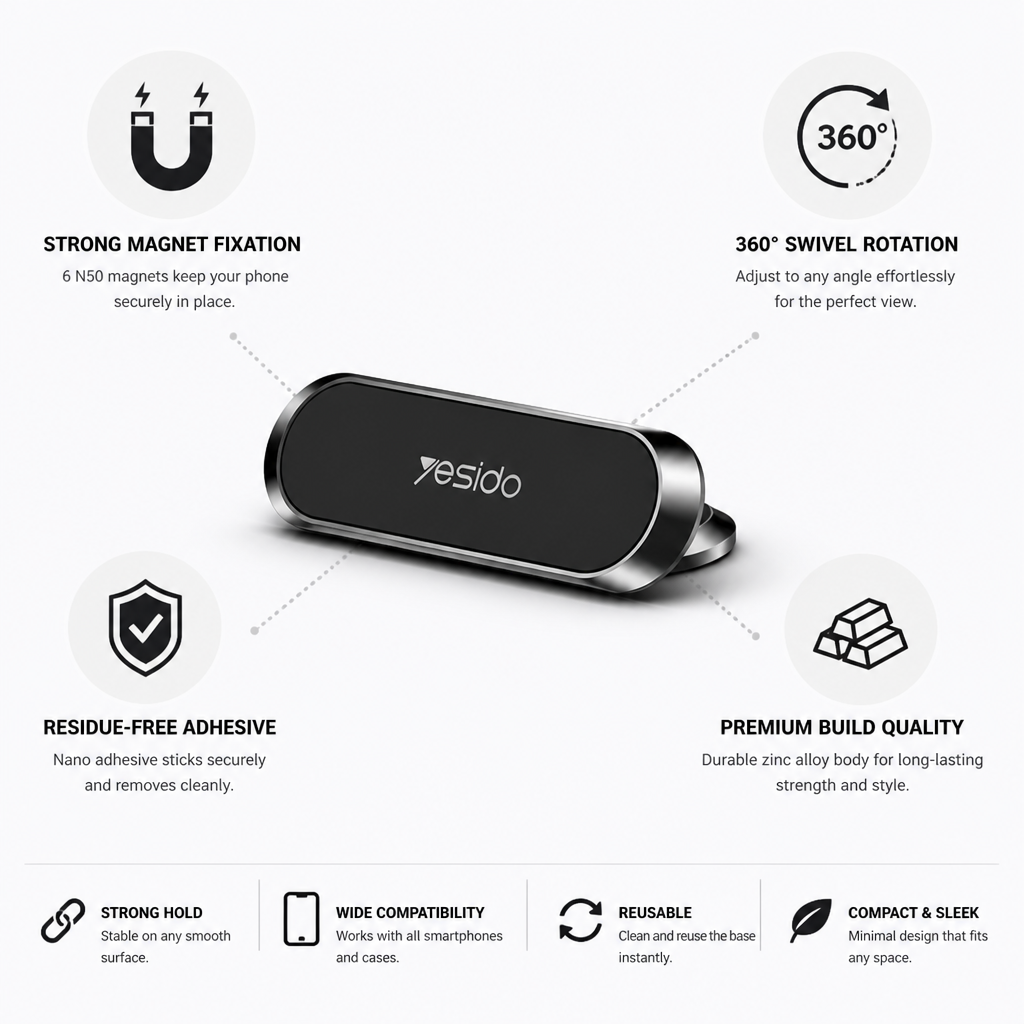 Strong 6 N50 Magnets Residue-Free Nano Adhesive Phone Mount (360° Swivel)