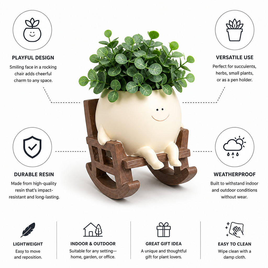 Weatherproof Resin Smiling Face Planter (Rocking Chair Design)