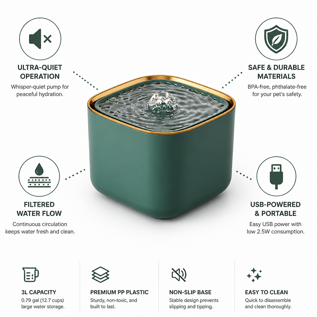 Ultra-Quiet Filtered USB-Powered Pet Water Fountain (3L)