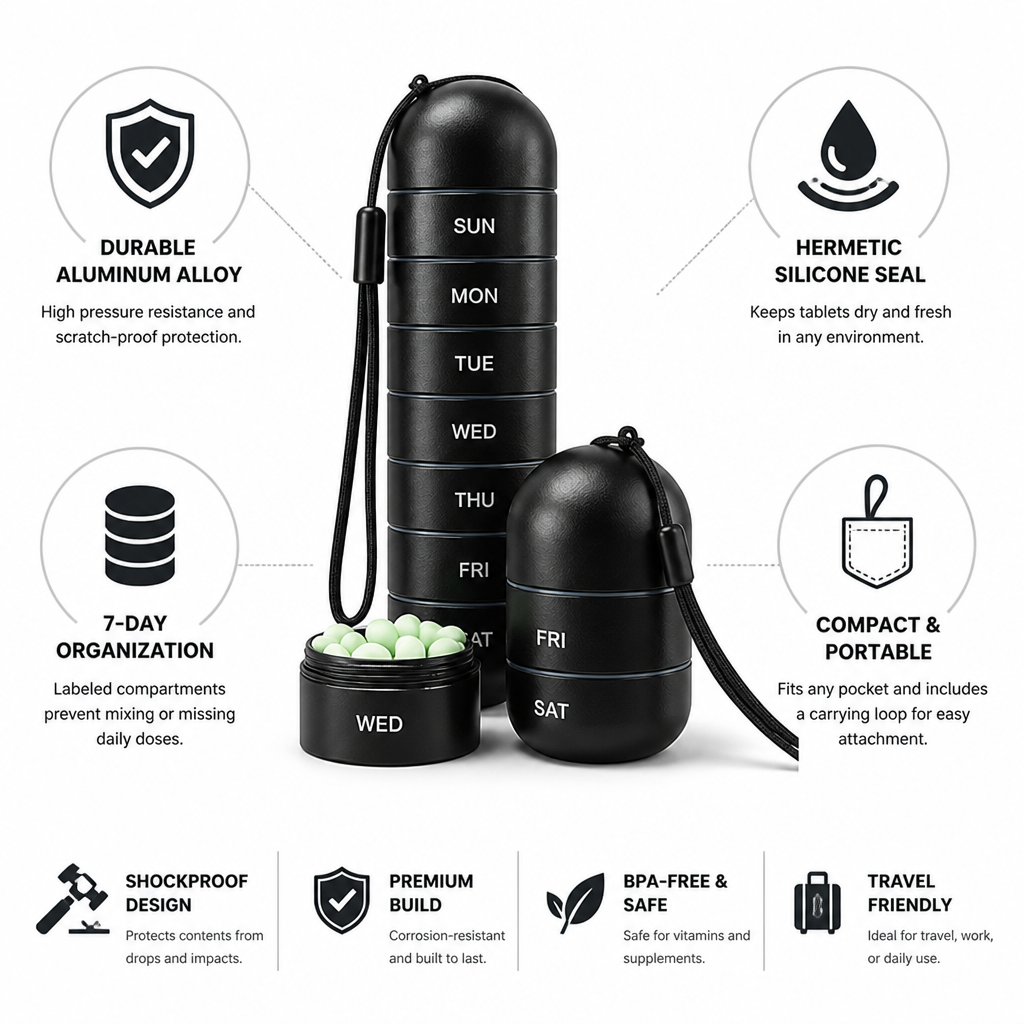 Shockproof Aluminum Silicone-Seal Pill Organizer (7-Day)