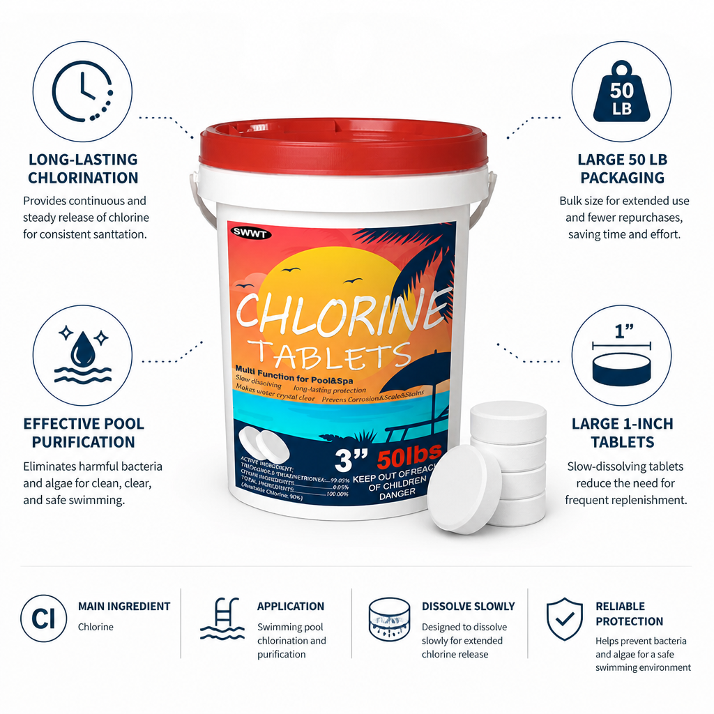 Slow-Dissolving 3-Inch Pool Chlorine Tablets (50 lb Pack)