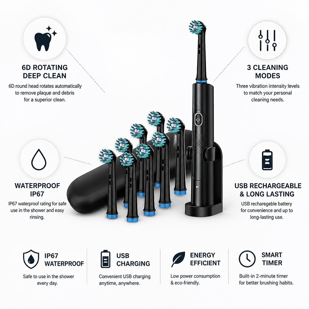 6D Rotating USB-Rechargeable Waterproof Electric Toothbrush
