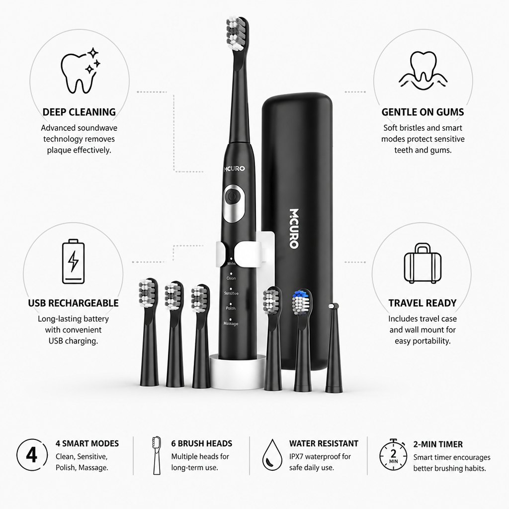 USB-Rechargeable Soundwave Electric Toothbrush (6 Brush Heads)