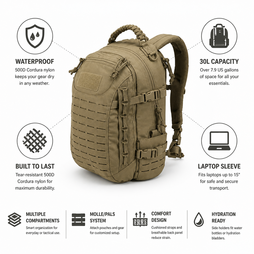 500D Cordura Waterproof Tactical Backpack (30L, Laptop Sleeve)
