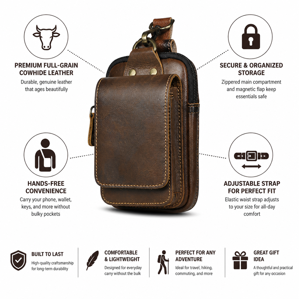 Full-Grain Leather Magnetic Flap Waist Pack (Adjustable Strap)
