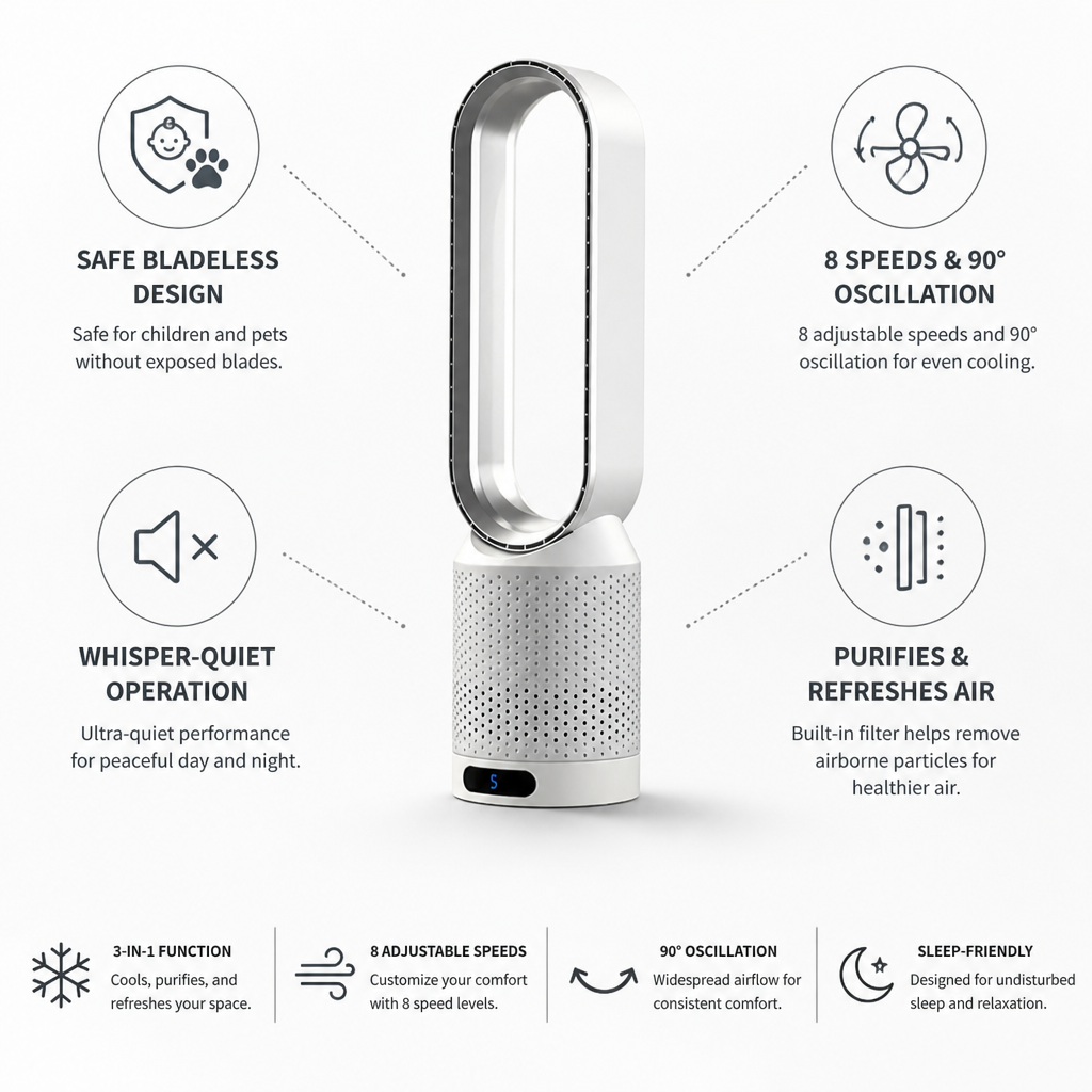 Child-Safe Bladeless Tower Fan (3-in-1 Cooler & Purifier)