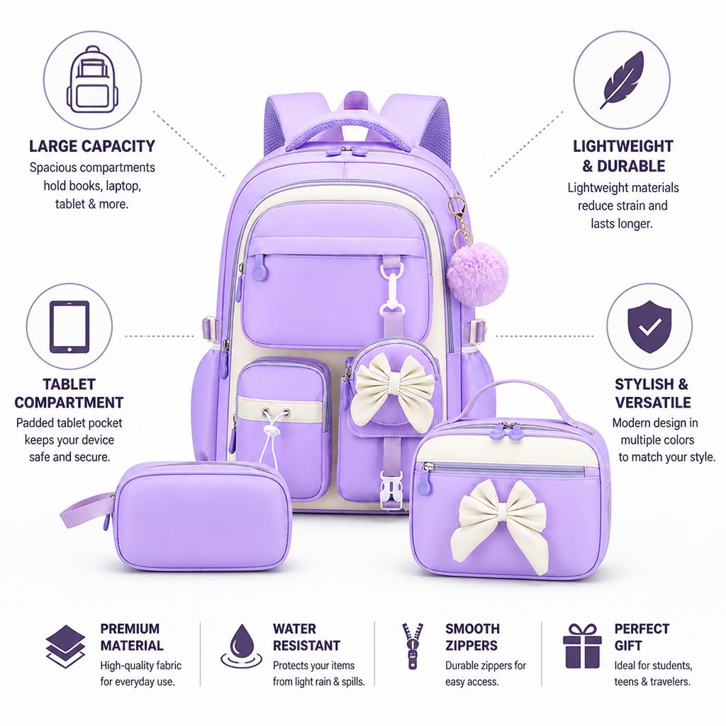 Large Capacity Lightweight Tablet-Compartment Backpack & Handbag Set (3-Piece Set)