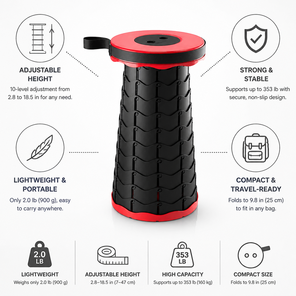 Lightweight Telescopic Height-Adjustable Camping Stool