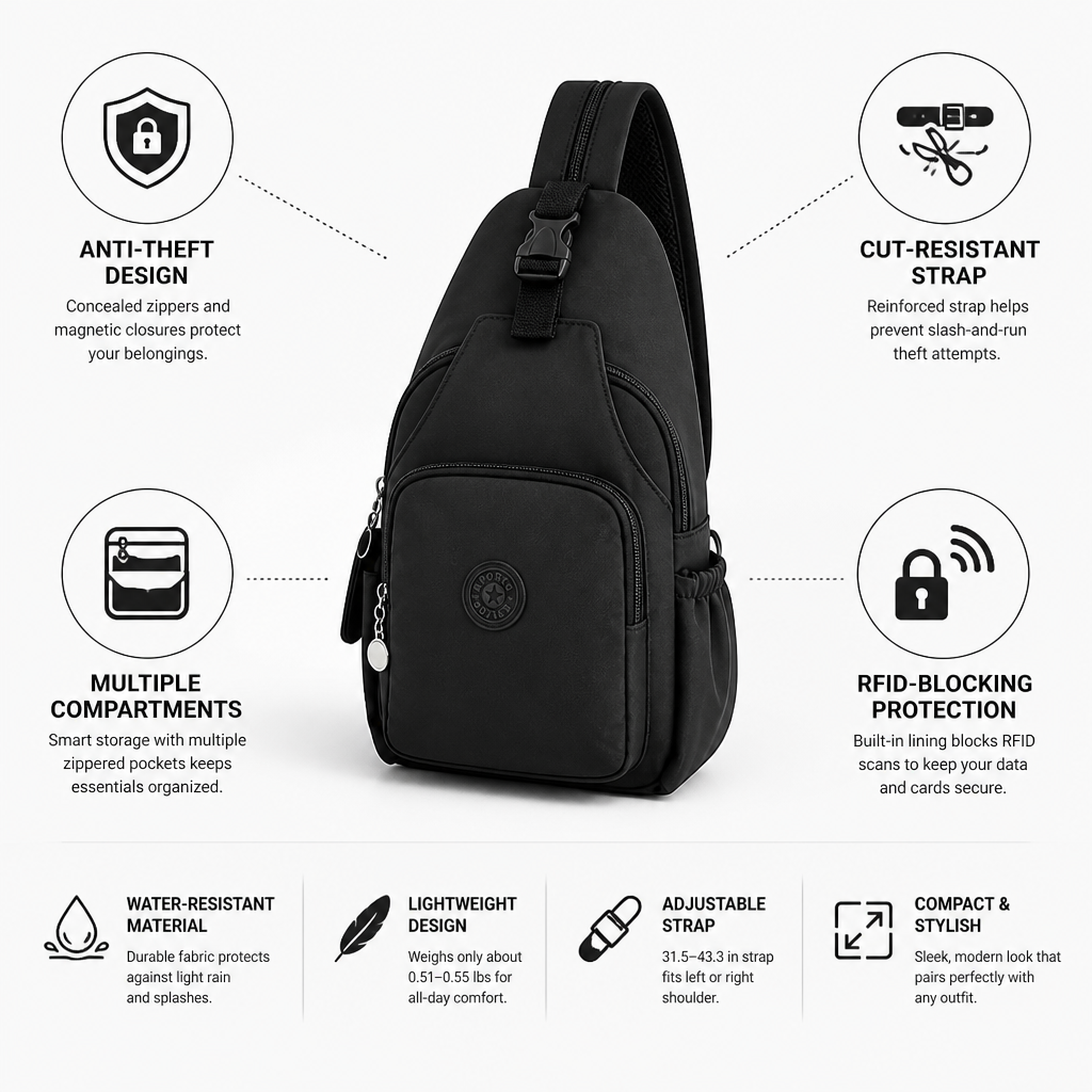 Cut-Resistant Strap & RFID-Blocking Crossbody Sling Bag