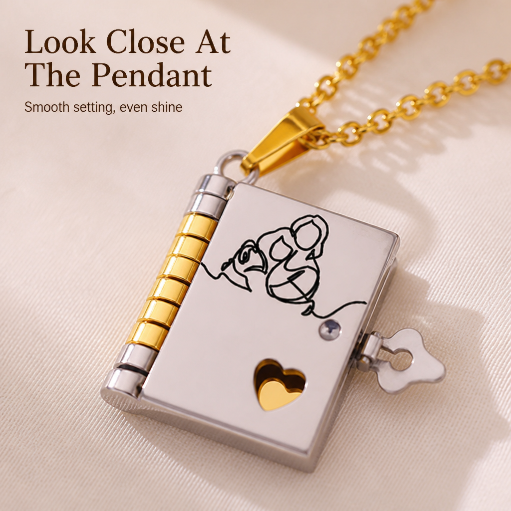 AmorieLuxe™ – Engraved Book Locket Necklace with Heart Cutout & Hidden Pages