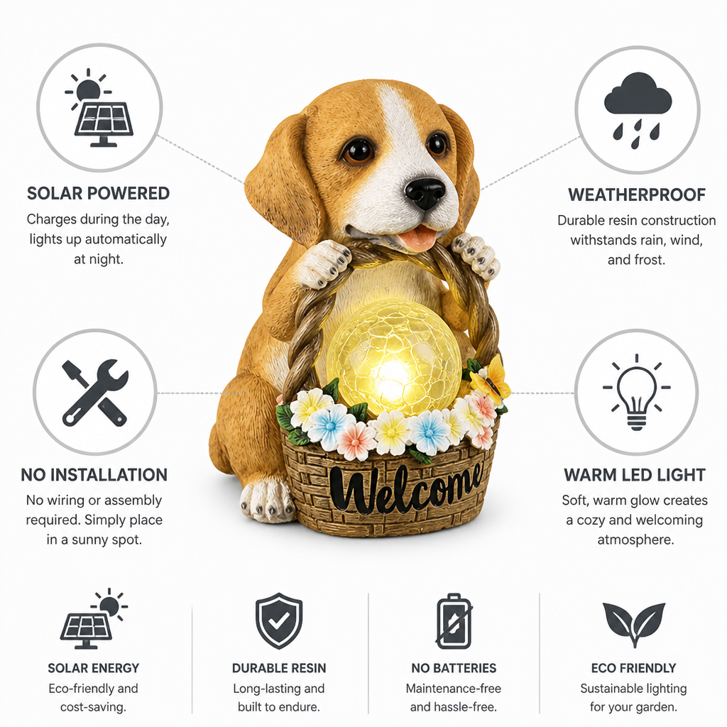 Solar-Powered LED Weatherproof Resin Dog Statue