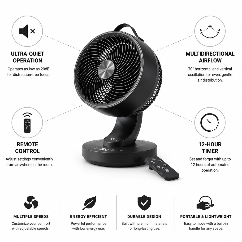 Ultra-Quiet Oscillating Desk Fan (Remote & 12-Hour Timer)