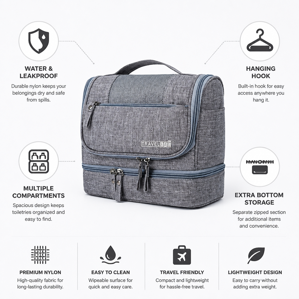 Waterproof & Leakproof Nylon Hanging Toiletry Bag (Multiple Compartments)