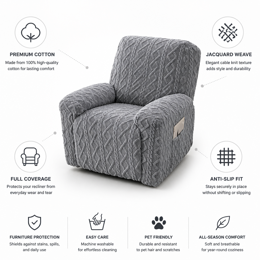 Plush Cable Knit Cotton Recliner Slipcover (Anti-Slip Fit)