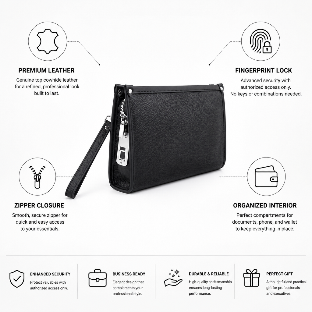 Genuine Top Cowhide Leather Fingerprint Lock Business Clutch (Zipper Closure)